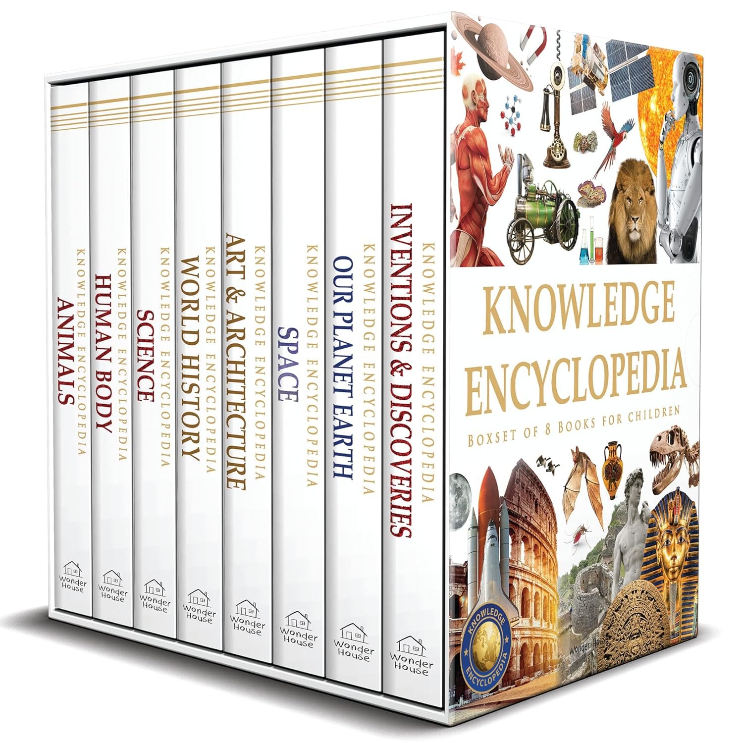 Knowledge Encyclopedia Boxed Set 8 Hardcover Books For Kids Age Group 10+ Total No. Of Pages 1536 192 Pages Per Book Of A4 Size Topics-World History Space Planet Earth Inventions & Discoveries Paperback – 30 January 2023 by Wonder House Books